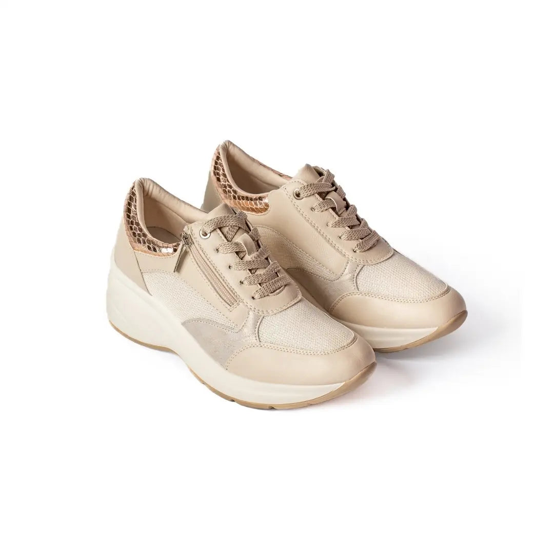 Sneakers Suola Alta Lacci e Zip Beige LILY