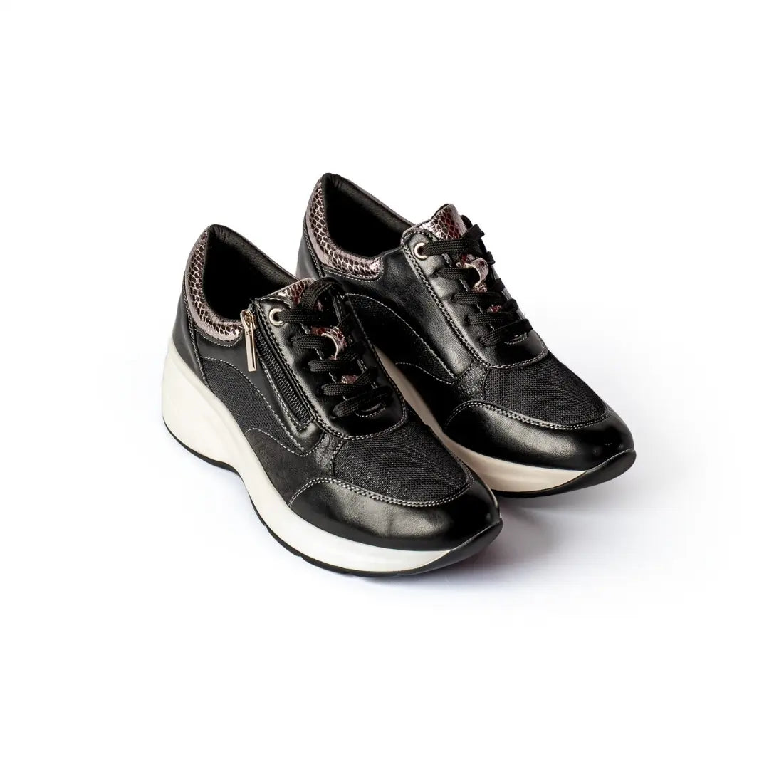 Sneakers Suola Alta Lacci e Zip Nere LILY