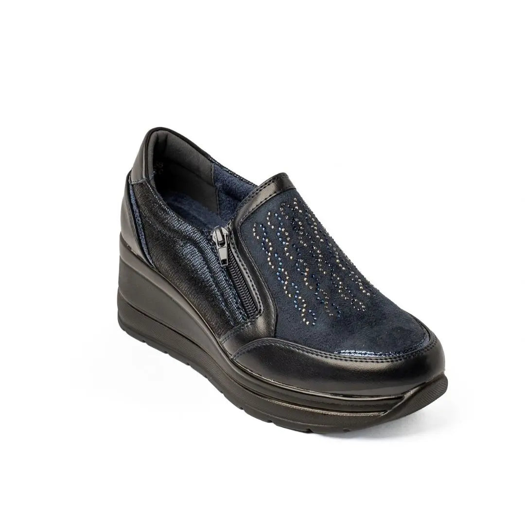 Sneakers Zeppa Alta Con Zip Blu VIVY
